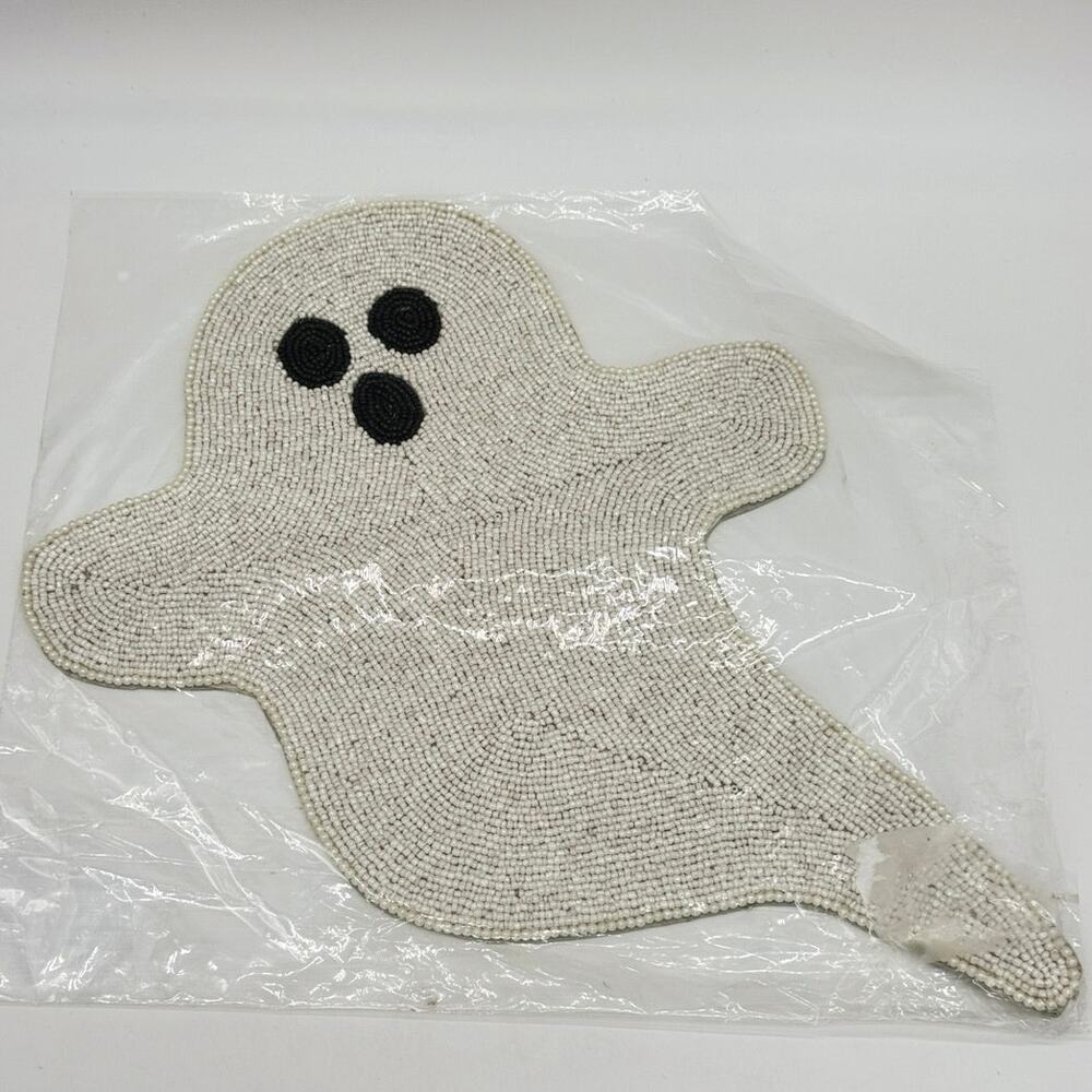 Tahari Home White Beaded Figural Ghost Shaped Placemat Charger Halloween NEW